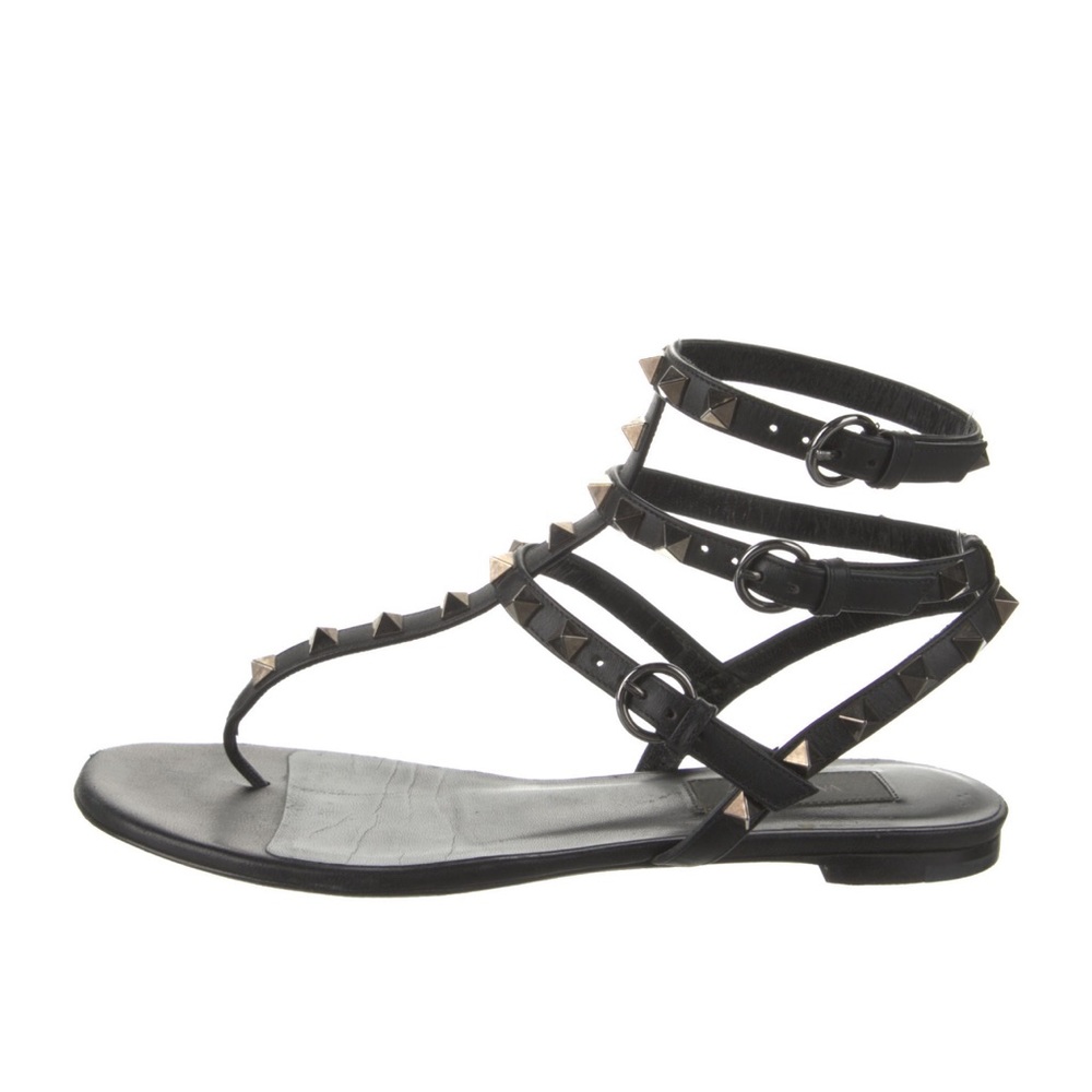 Valentino Black Leather Rockstud Thong Gladiator Sandals Size 39.5